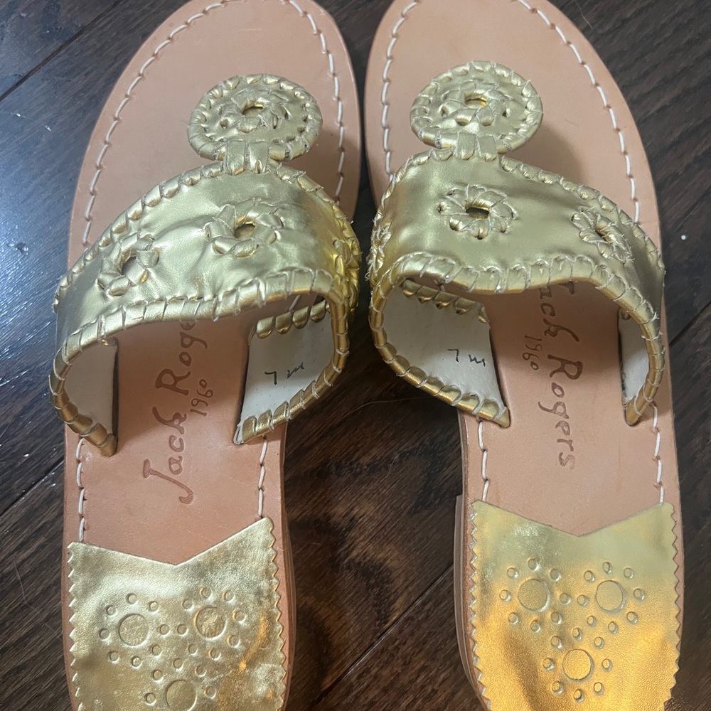 Never worn Jack Rogers Gold and Tan Sandals with Butterfly Ornament